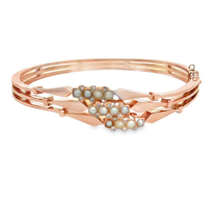 Vintage Pre-Art Deco Diamond &amp; Seed Pearl 14K Rose Gold Bangle Bracelet
