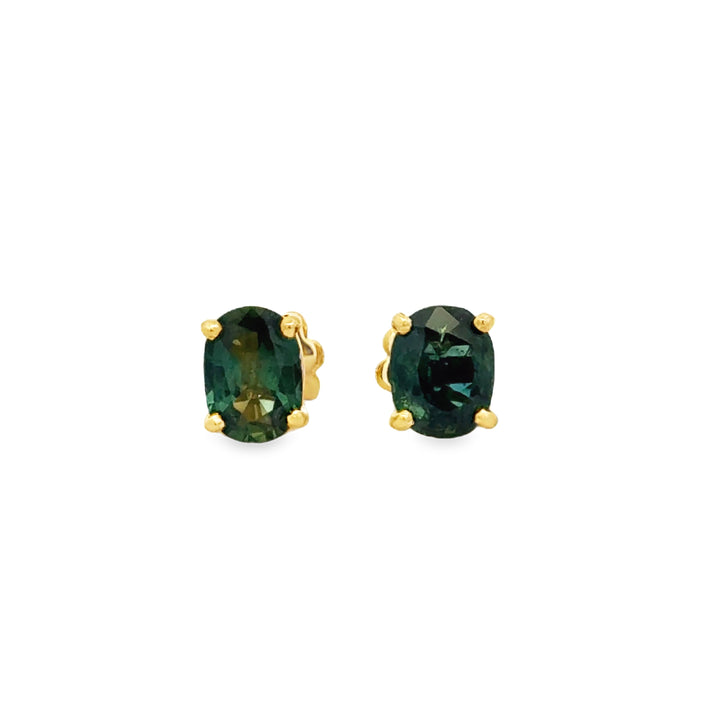18K Yellow Gold 6.5 x 5mm Oval Green Sapphire Stud Earrings