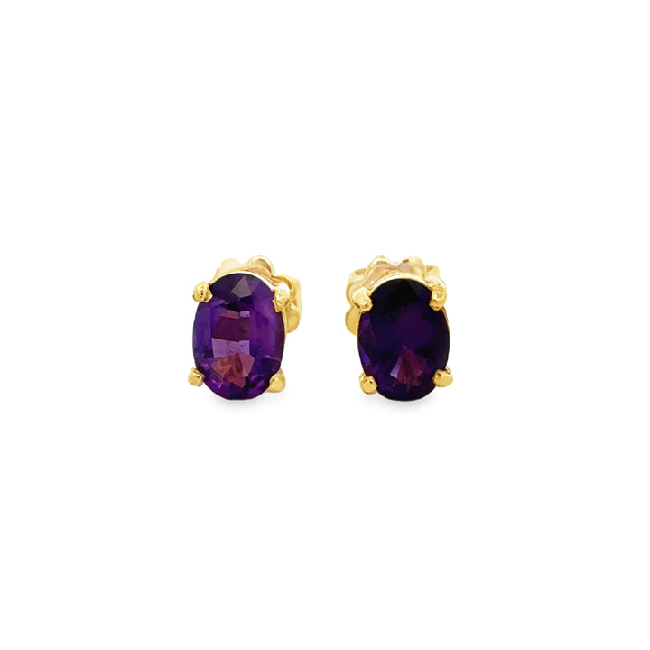 18K Yellow Gold 7 x 5mm Oval Amethyst Stud Earrings