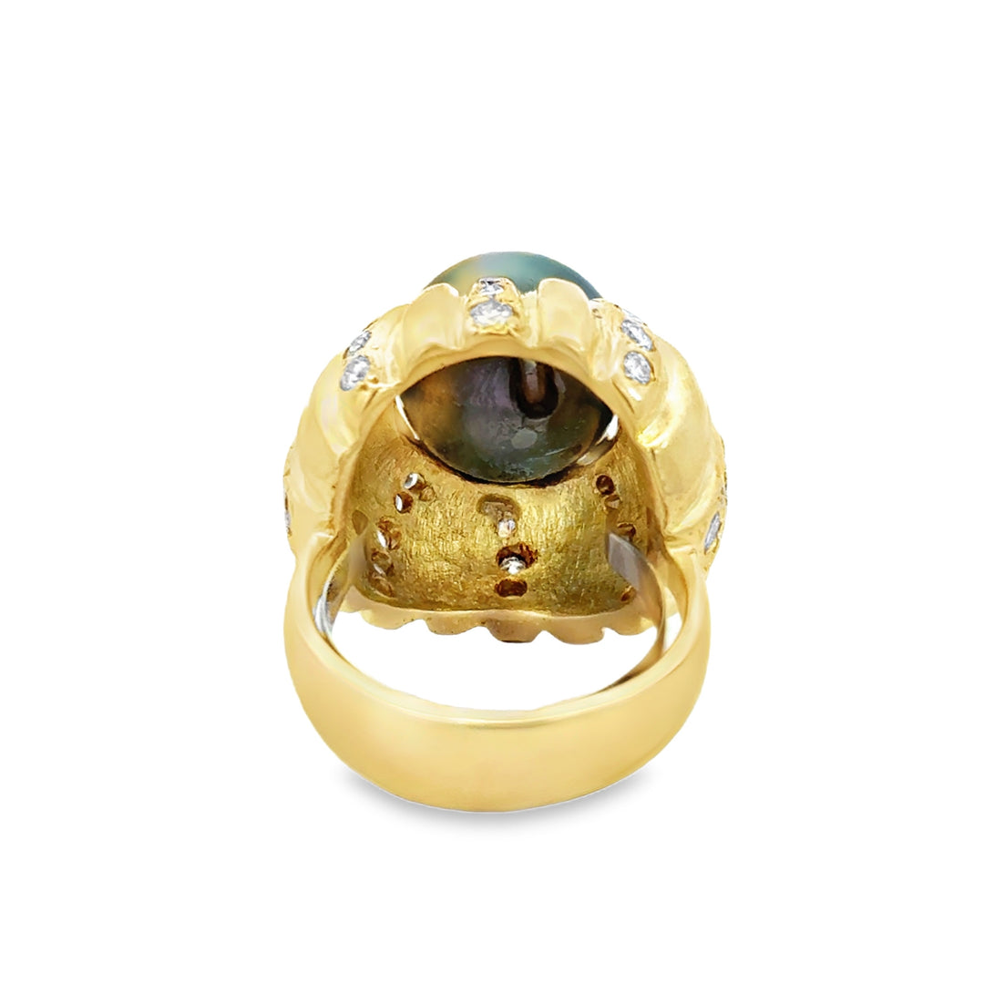 1.20 CTW Diamond 14K Yellow Gold Black Tahitian Pearl Ring