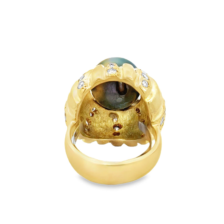 1.20 CTW Diamond 14K Yellow Gold Black Tahitian Pearl Ring
