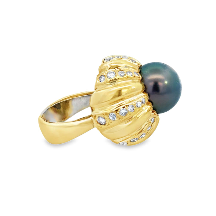 1.20 CTW Diamond 14K Yellow Gold Black Tahitian Pearl Ring