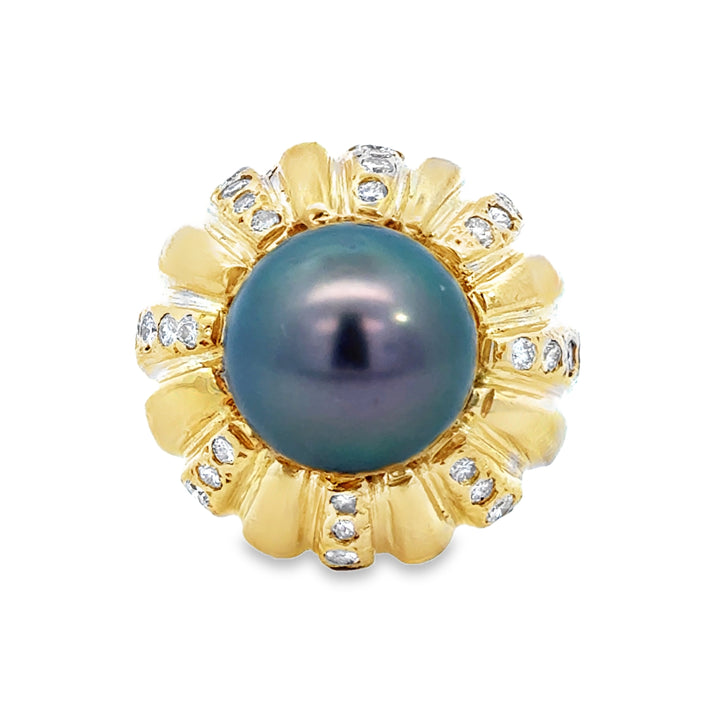 1.20 CTW Diamond 14K Yellow Gold Black Tahitian Pearl Ring