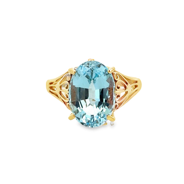 Blue Topaz 14K Yellow Gold Oval Filigree Ring