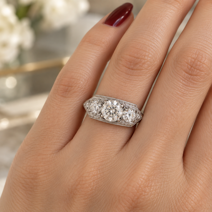 1.97 CTW Platinum Art Deco Three-Stone Diamond Engagement Ring