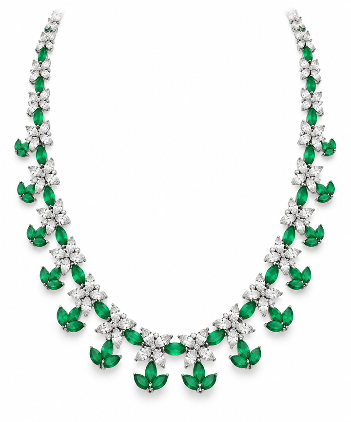 14.32 CTW Marquise Diamond &amp; 9.03 CTW Emerald Platinum Leaf Link Necklace