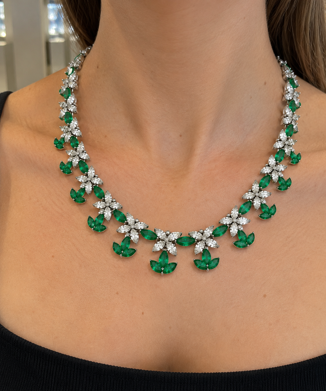 14.32 CTW Marquise Diamond &amp; 9.03 CTW Emerald Platinum Leaf Link Necklace