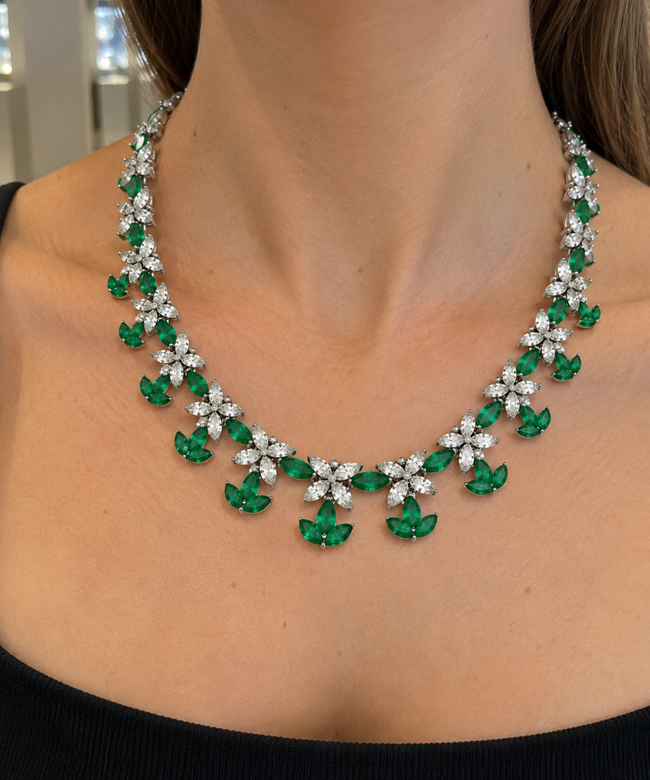14.32 CTW Marquise Diamond &amp; 9.03 CTW Emerald Platinum Leaf Link Necklace