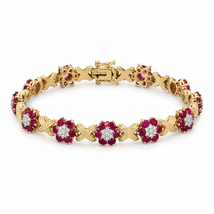 5.75 CTW Ruby &amp; 0.12 CTW Diamond 14K Yellow Gold Bracelet