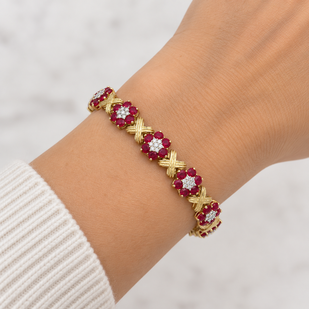 5.75 CTW Ruby &amp; 0.12 CTW Diamond 14K Yellow Gold Bracelet