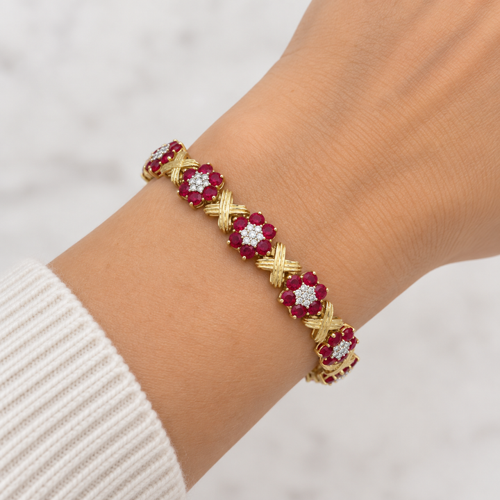 5.75 CTW Ruby &amp; 0.12 CTW Diamond 14K Yellow Gold Bracelet