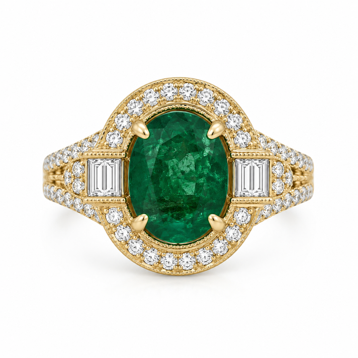 1.00 CTW Diamond &amp; Oval Emerald 18K Yellow Gold Ring