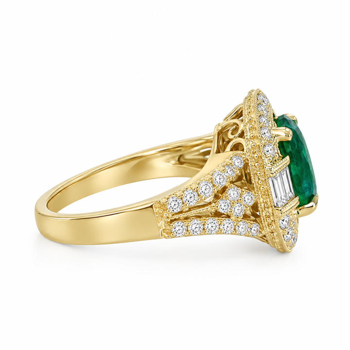 1.00 CTW Diamond &amp; Oval Emerald 18K Yellow Gold Ring