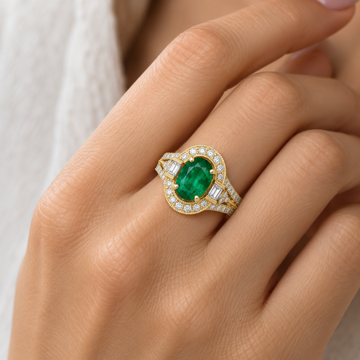 1.00 CTW Diamond &amp; Oval Emerald 18K Yellow Gold Ring