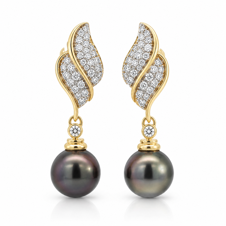 0.75 CTW Diamond &amp; Pearl 14K Yellow and White Gold Drop Earrings