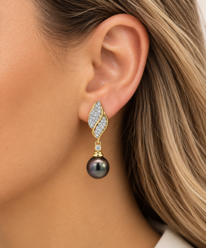 0.75 CTW Diamond &amp; Pearl 14K Yellow and White Gold Drop Earrings