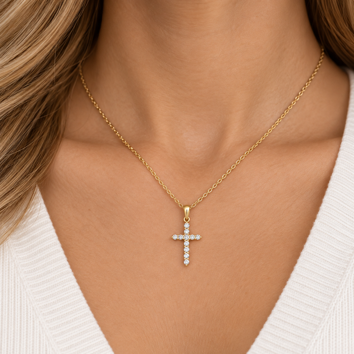 0.24 CTW Diamond 18K Yellow Gold Cross Pendant Necklace