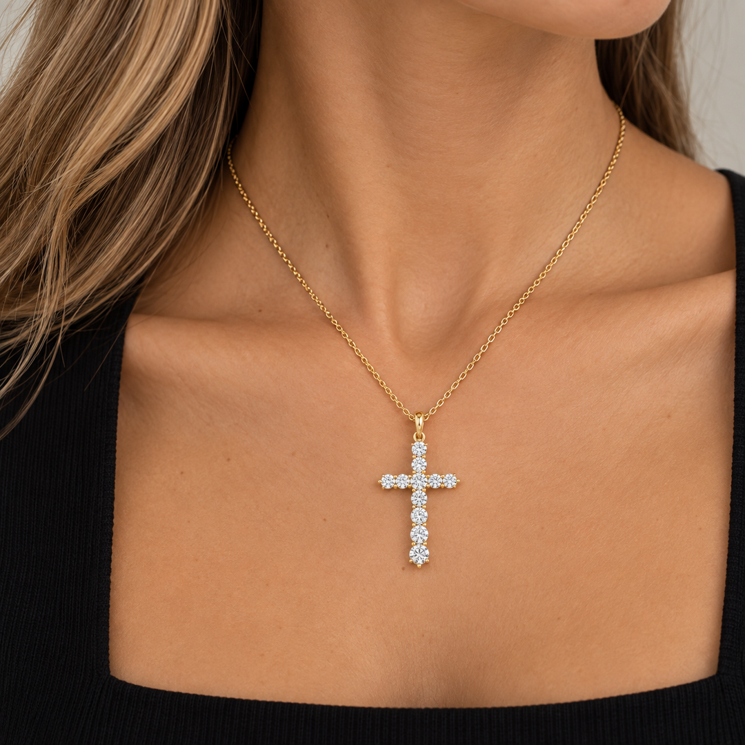 1.36 CTW Diamond 18K Yellow Gold Cross Pendant Necklace