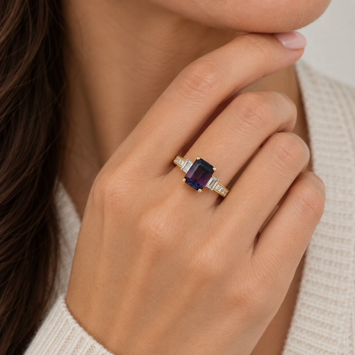 2.80  CTW Created Alexandrite &amp; .21 CTW Diamond 14K Yellow Gold Ring