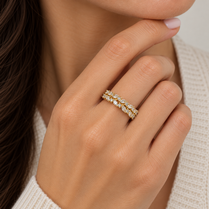 0.61 CTW Diamond Marquise Double Band Ring in 14K Yellow Gold