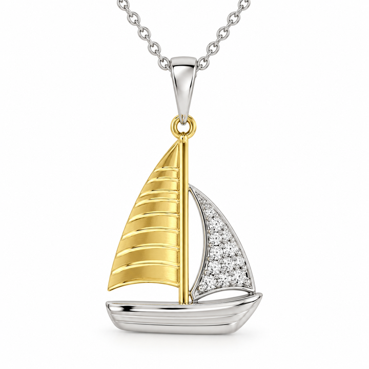 0.14 CTW Diamond 14K Two-Tone Gold Sailboat Pendant Necklace