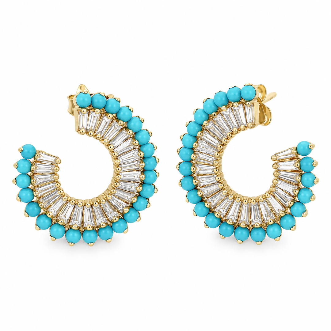 2.50 CTW Tapered Baguette Diamond &amp; Turquoise Earrings