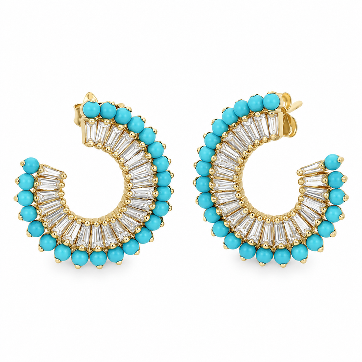 2.50 CTW Tapered Baguette Diamond &amp; Turquoise Earrings