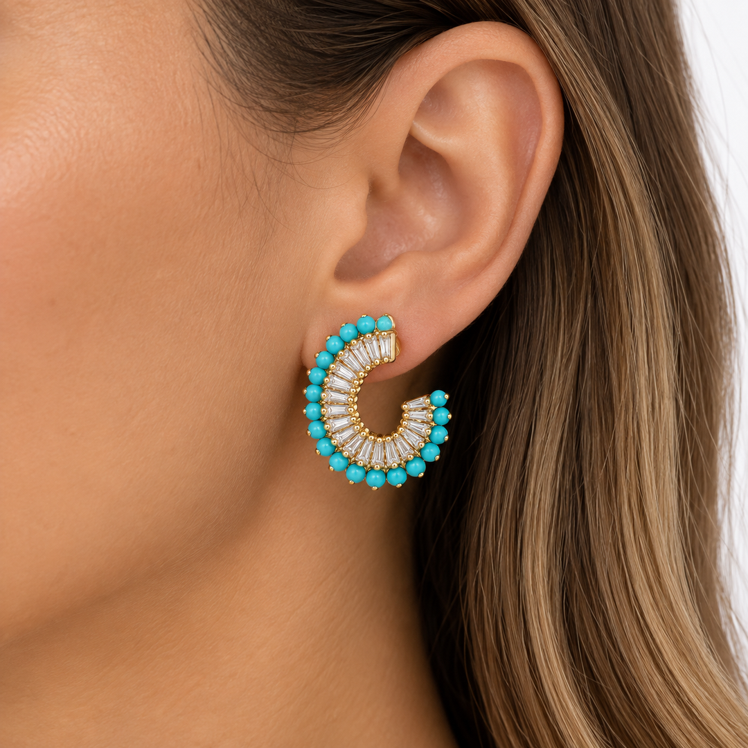2.50 CTW Tapered Baguette Diamond &amp; Turquoise Earrings