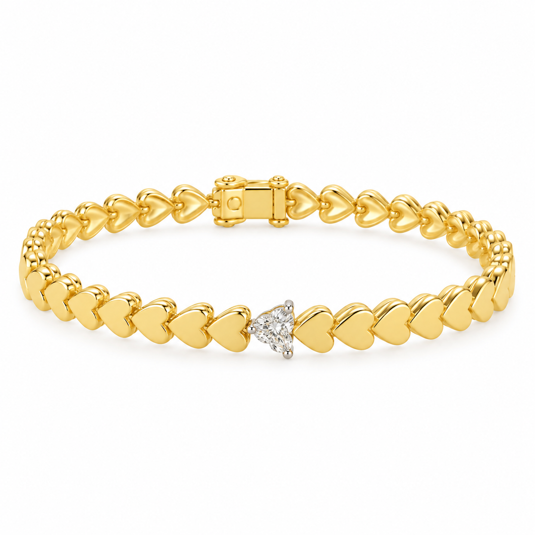 0.25 CTW Heart Shape Diamond 14K Yellow Gold Heart Link Bracelet