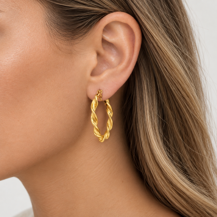 14K Yellow Gold Italian Twisted Hoop Earrings