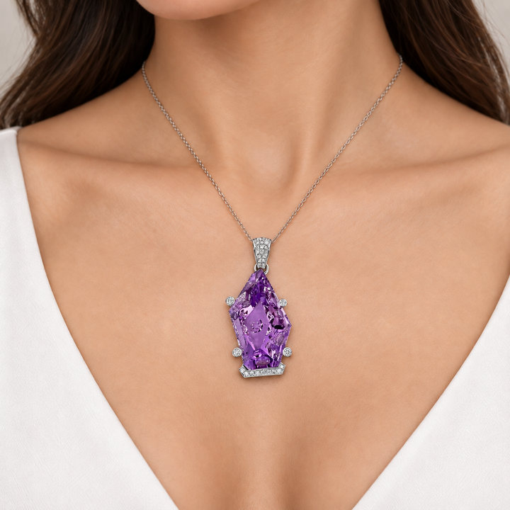 45.77ct amethyst and diamond pendant, 18k white gold