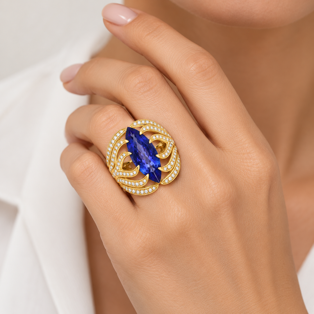 4.36 CT Tanzanite &amp; 0.45 CTW Diamond 18K Yellow Gold Ring