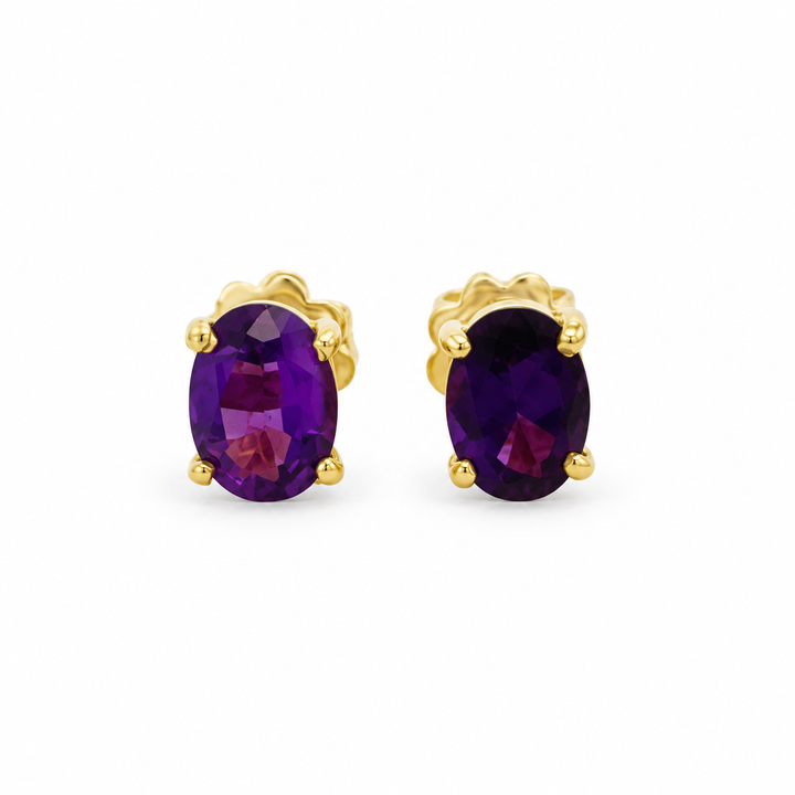 18K Yellow Gold 7 x 5mm Oval Amethyst Stud Earrings