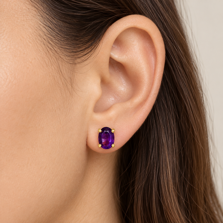 18K Yellow Gold 7 x 5mm Oval Amethyst Stud Earrings