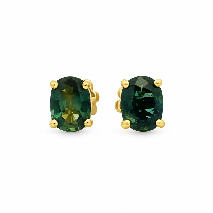 18K Yellow Gold 6.5 x 5mm Oval Green Sapphire Stud Earrings