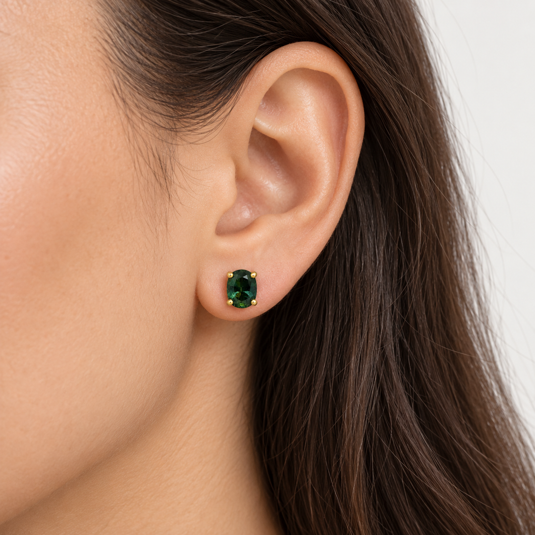18K Yellow Gold 6.5 x 5mm Oval Green Sapphire Stud Earrings