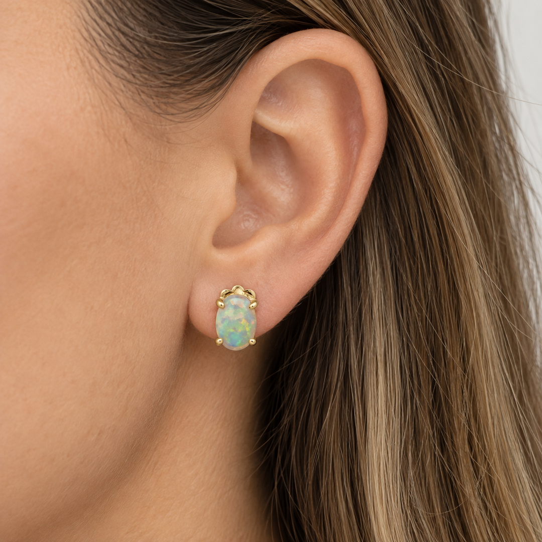 18K Yellow Gold 5x7mm Oval Opal Stud Earrings