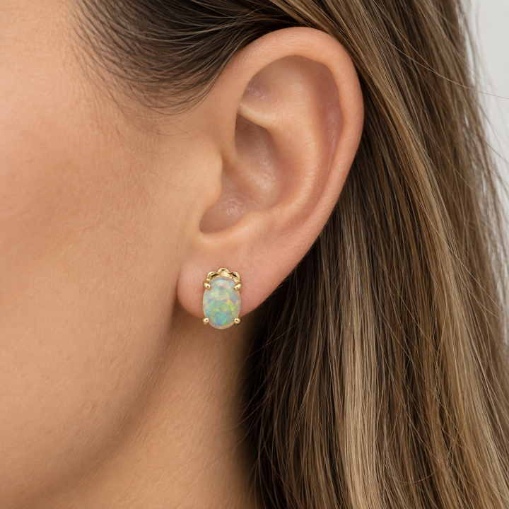 18K Yellow Gold 5x7mm Oval Opal Stud Earrings