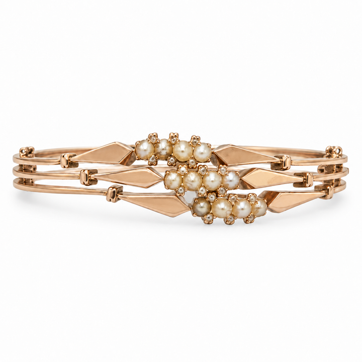 Vintage Pre-Art Deco Diamond &amp; Seed Pearl 14K Rose Gold Bangle Bracelet