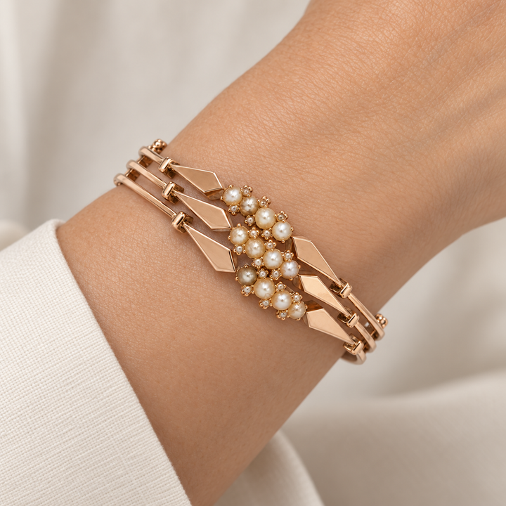 Vintage Pre-Art Deco Diamond &amp; Seed Pearl 14K Rose Gold Bangle Bracelet
