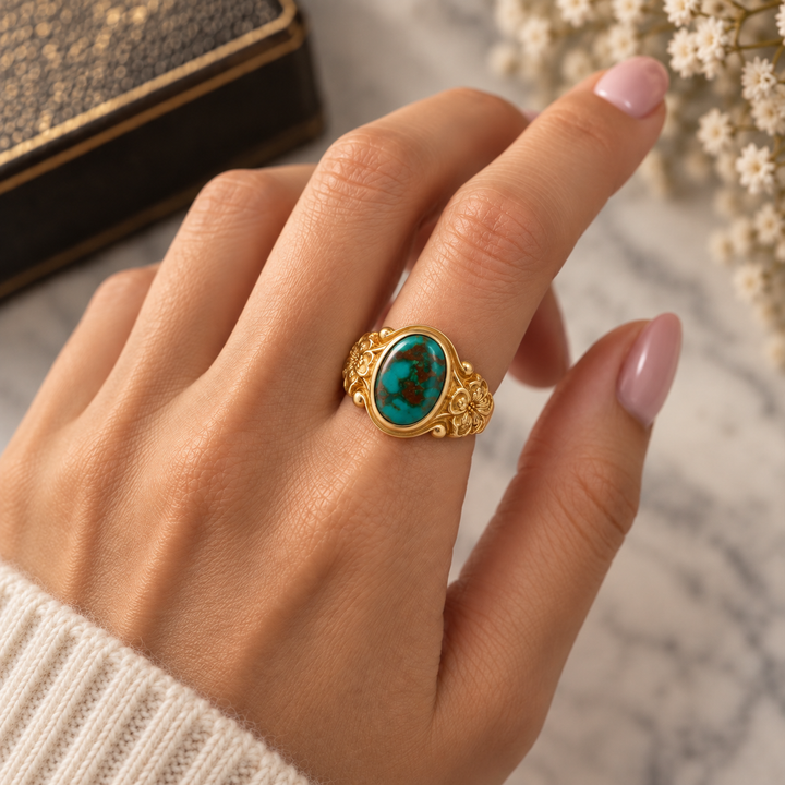 Turquoise 14K Yellow Gold Floral Ring