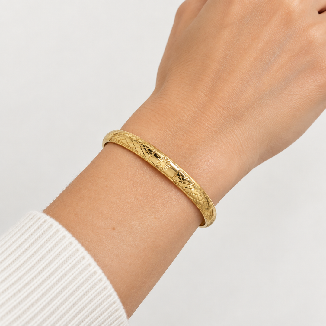 14K Yellow Gold Etched 8mm Bangle Bracelet