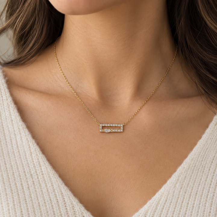0.21 CTW Diamond 14K Yellow Gold Marquise &amp; Round Bar Necklace