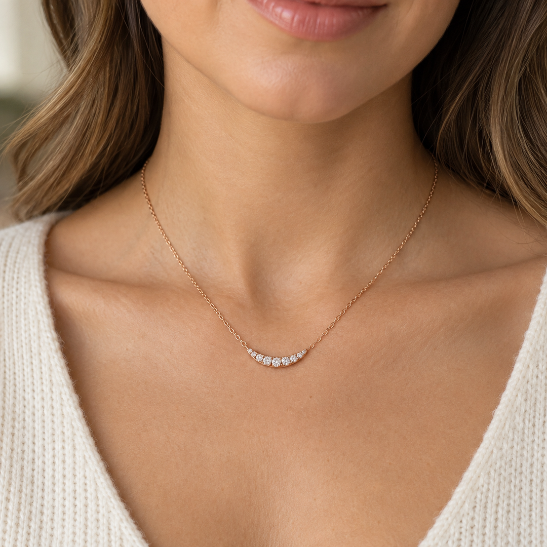 0.15 CTW Diamond 14K Rose Gold Half Moon Station Bar Necklace