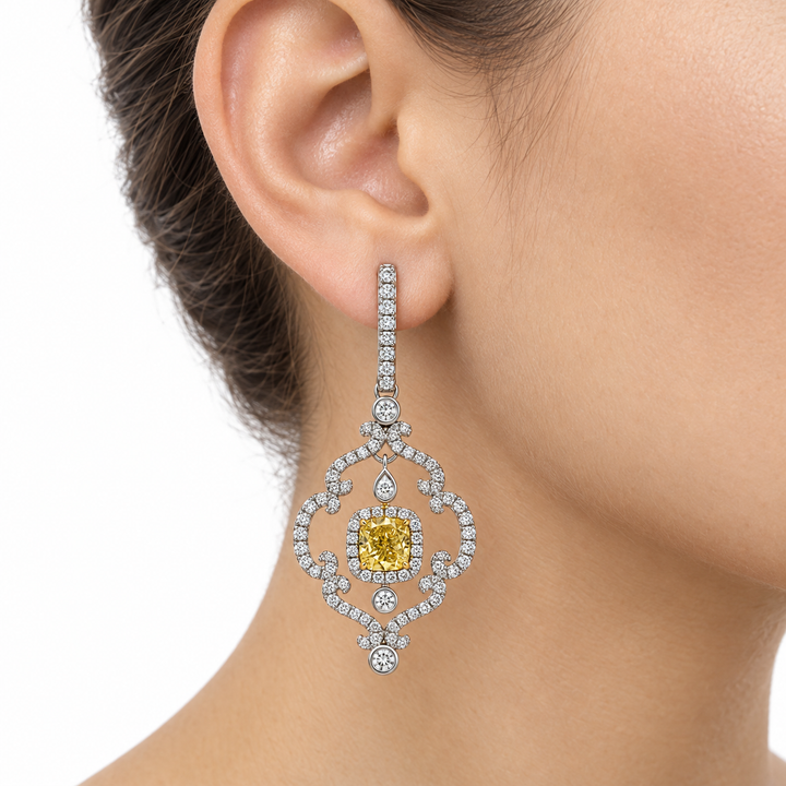 2.05 CTW Fancy Yellow Diamond Earrings in 18K Yellow &amp; White Gold