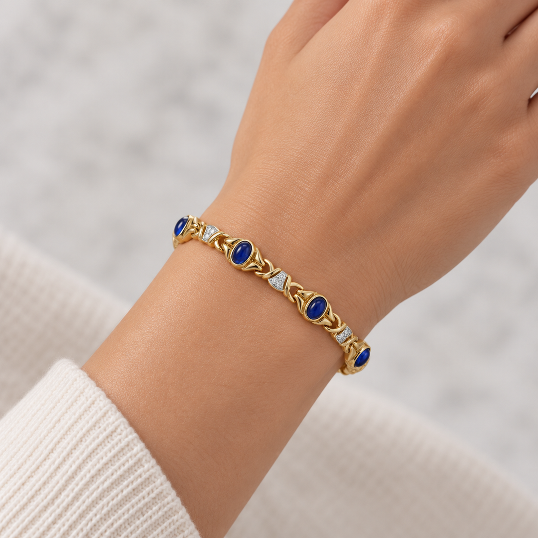 0.15 CTW Diamond &amp; Sapphire 18K Yellow Gold Link Bracelet