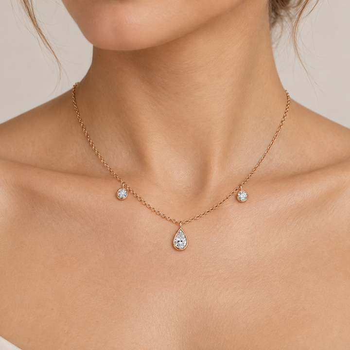 1.00 CTW Diamond Pear &amp; Round Station 14K Rose Gold Necklace