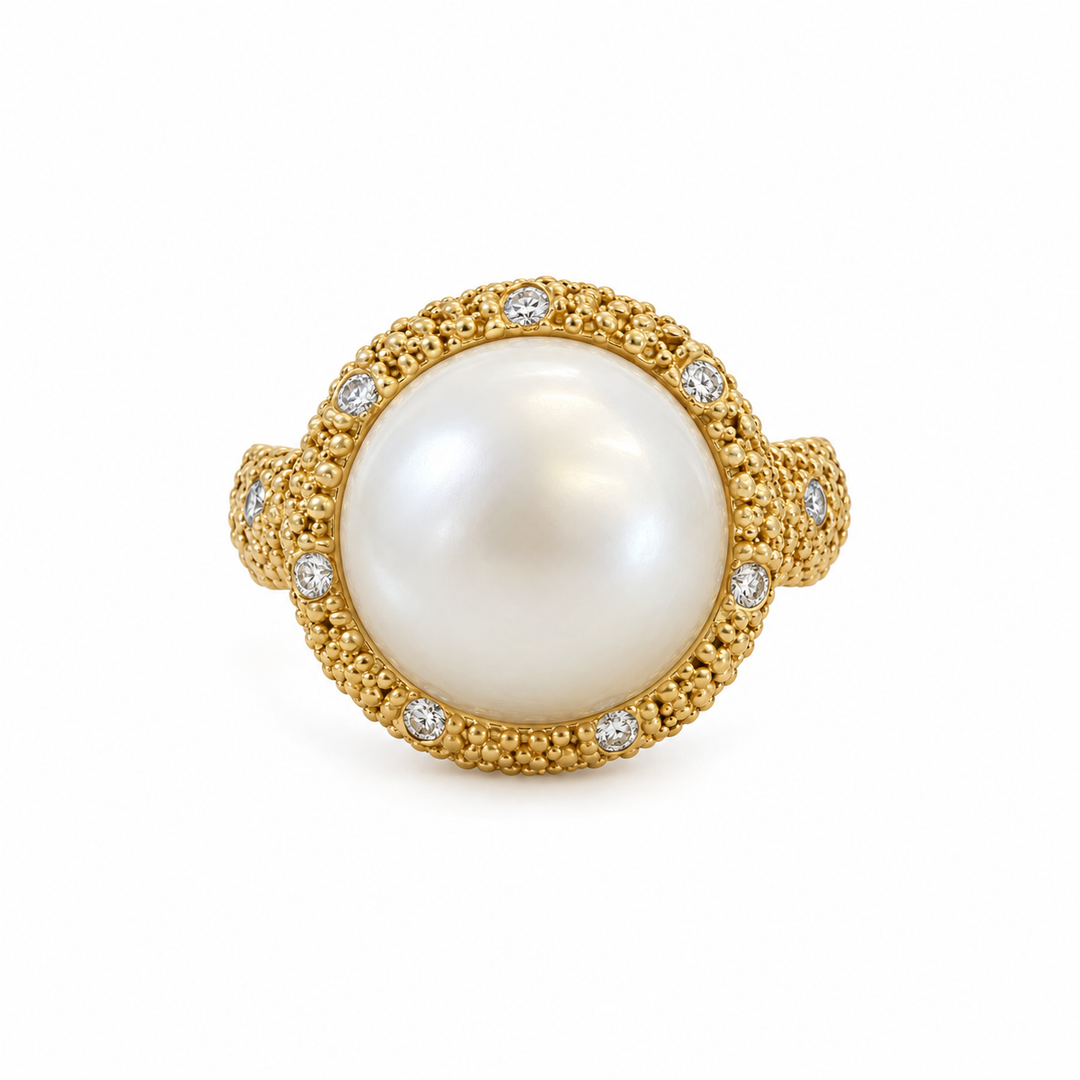 0.60 CTW Diamond &amp; 12mm Pearl 18K Yellow Gold Statement Ring