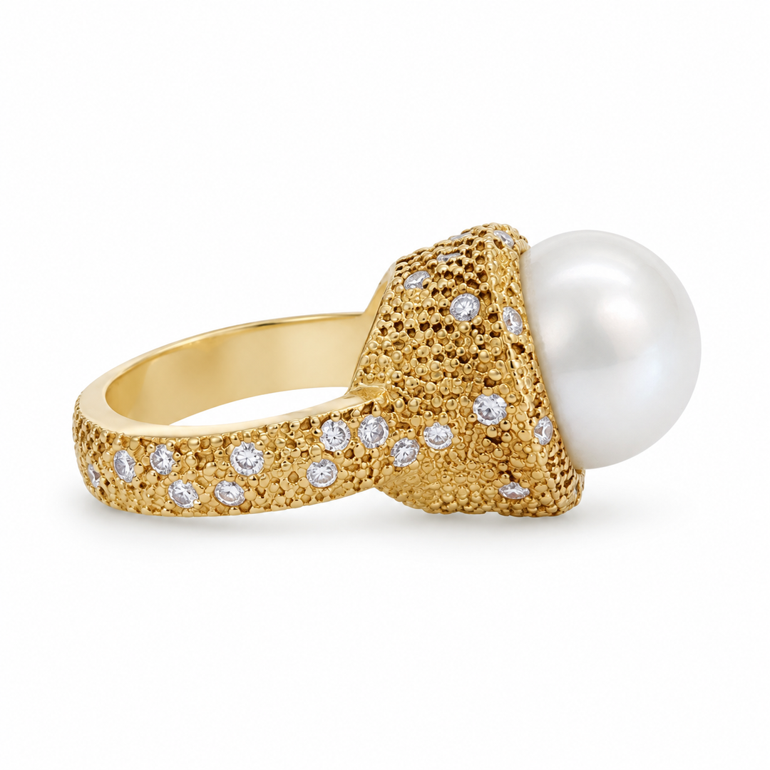 0.60 CTW Diamond &amp; 12mm Pearl 18K Yellow Gold Statement Ring