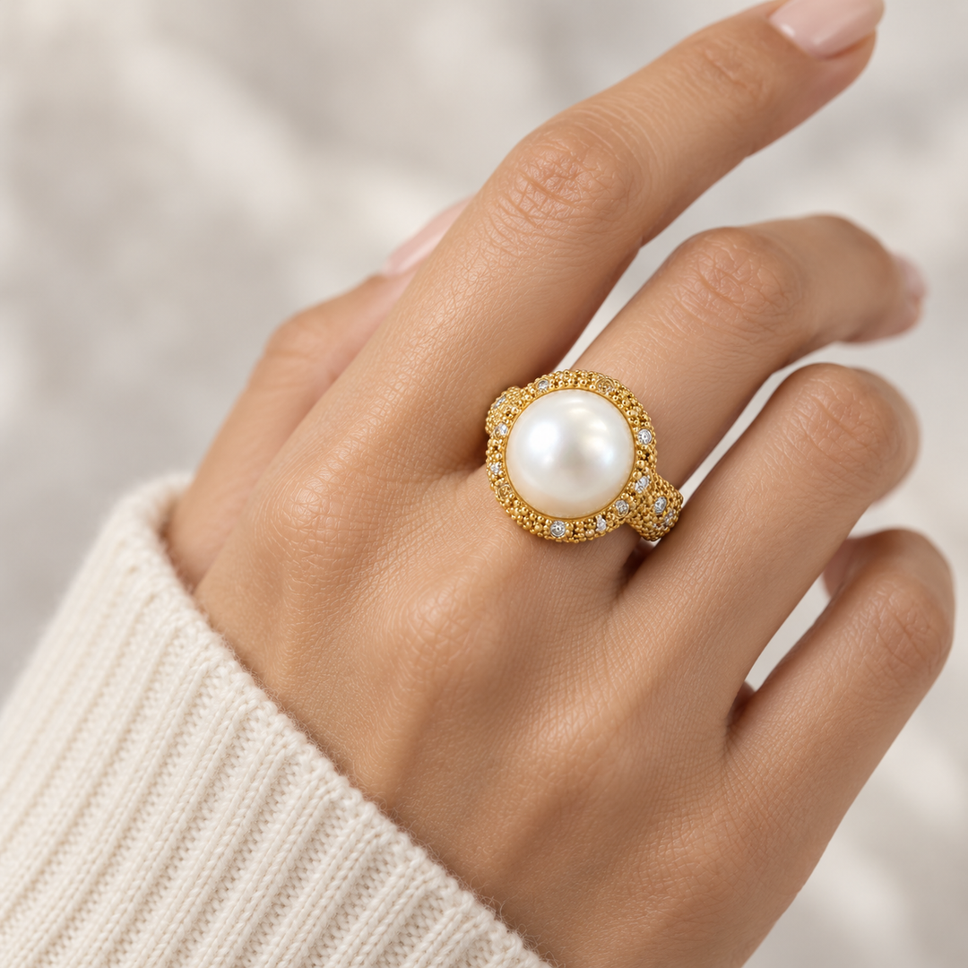 0.60 CTW Diamond &amp; 12mm Pearl 18K Yellow Gold Statement Ring